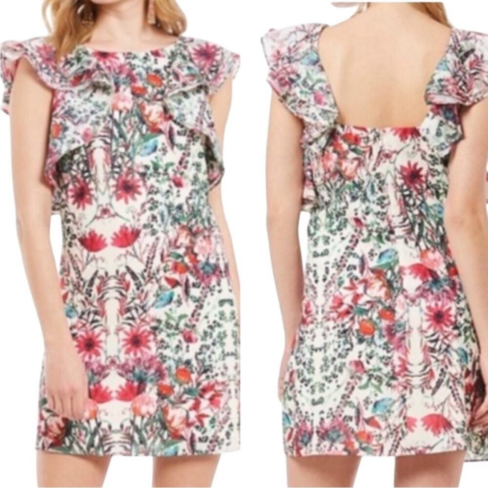 Badgley Mischka Alex Floral Print Shift Dress Ruffled High Neck White Pink 14
